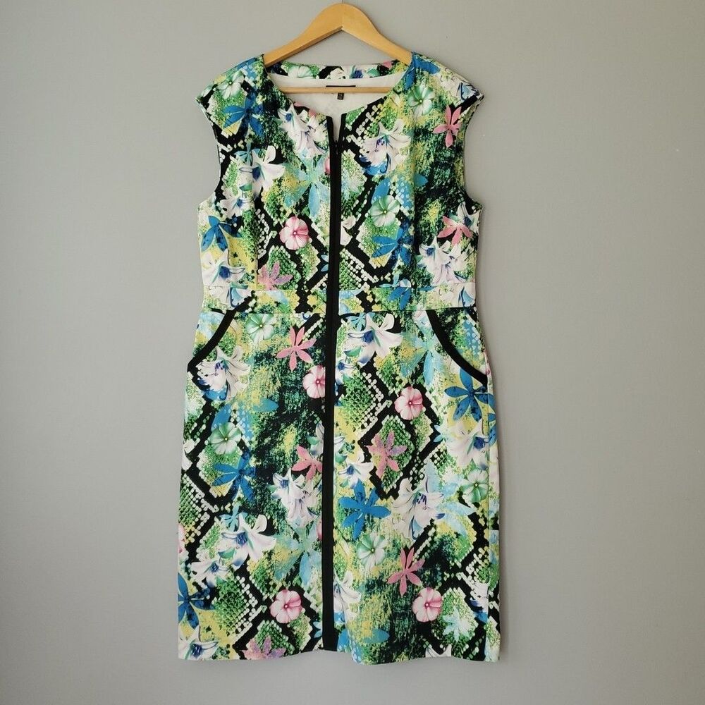 5 PM Green Colorful Floral Zip Up Sleeveless Summer Mini Dress Pockets Womens 16